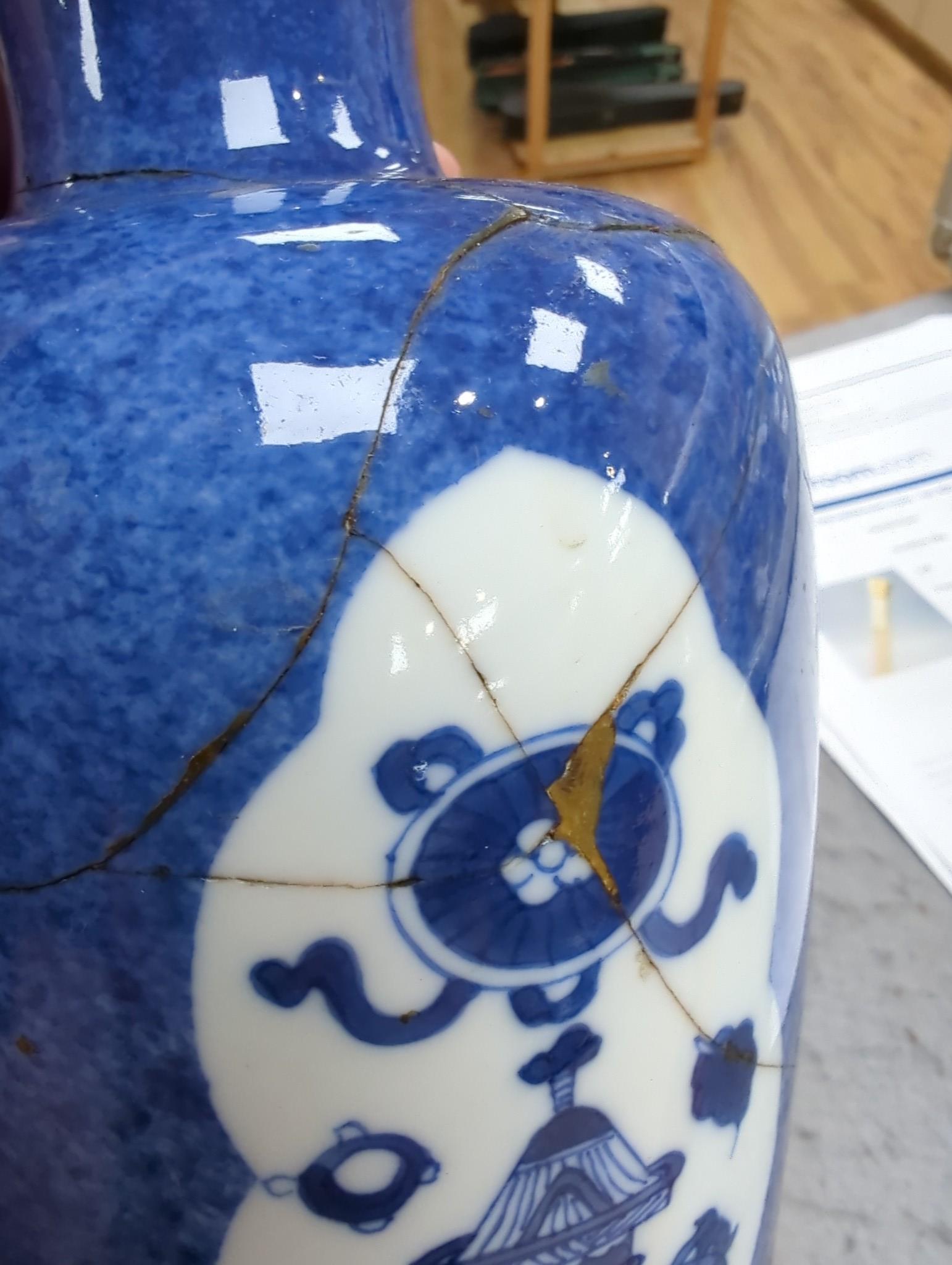A Chinese blue and white ‘precious objects’ export vase, together with a Chinese powder blue export vase, open vignettes (a.f.) tallest 24.5cms